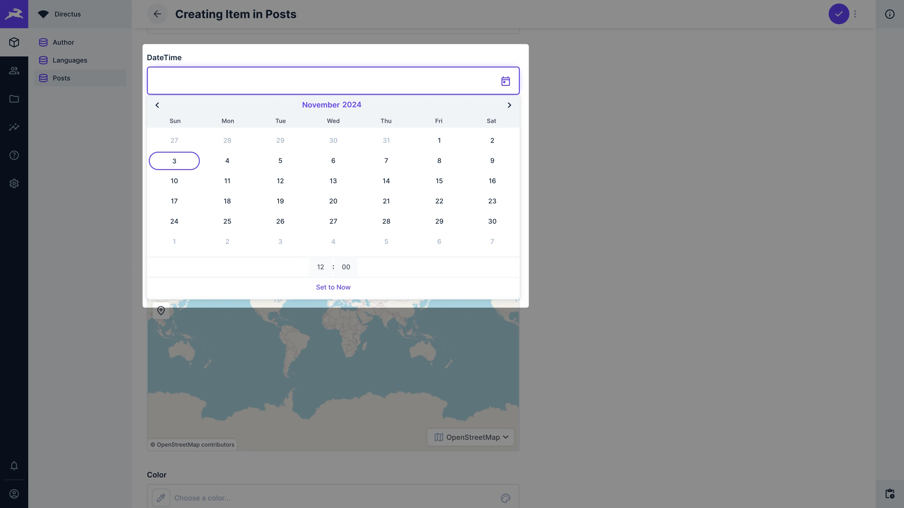 A date picker input. User can select a calendar date and input a time.